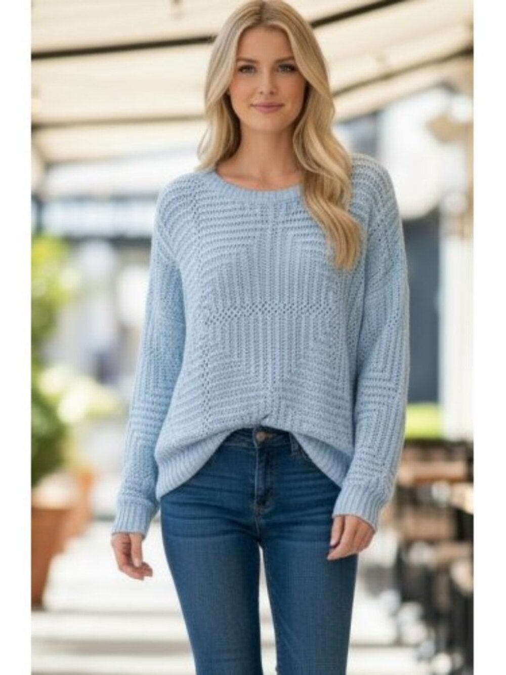 STYLE STUDIO Light Blue Open Knit Sweater Ladies Large